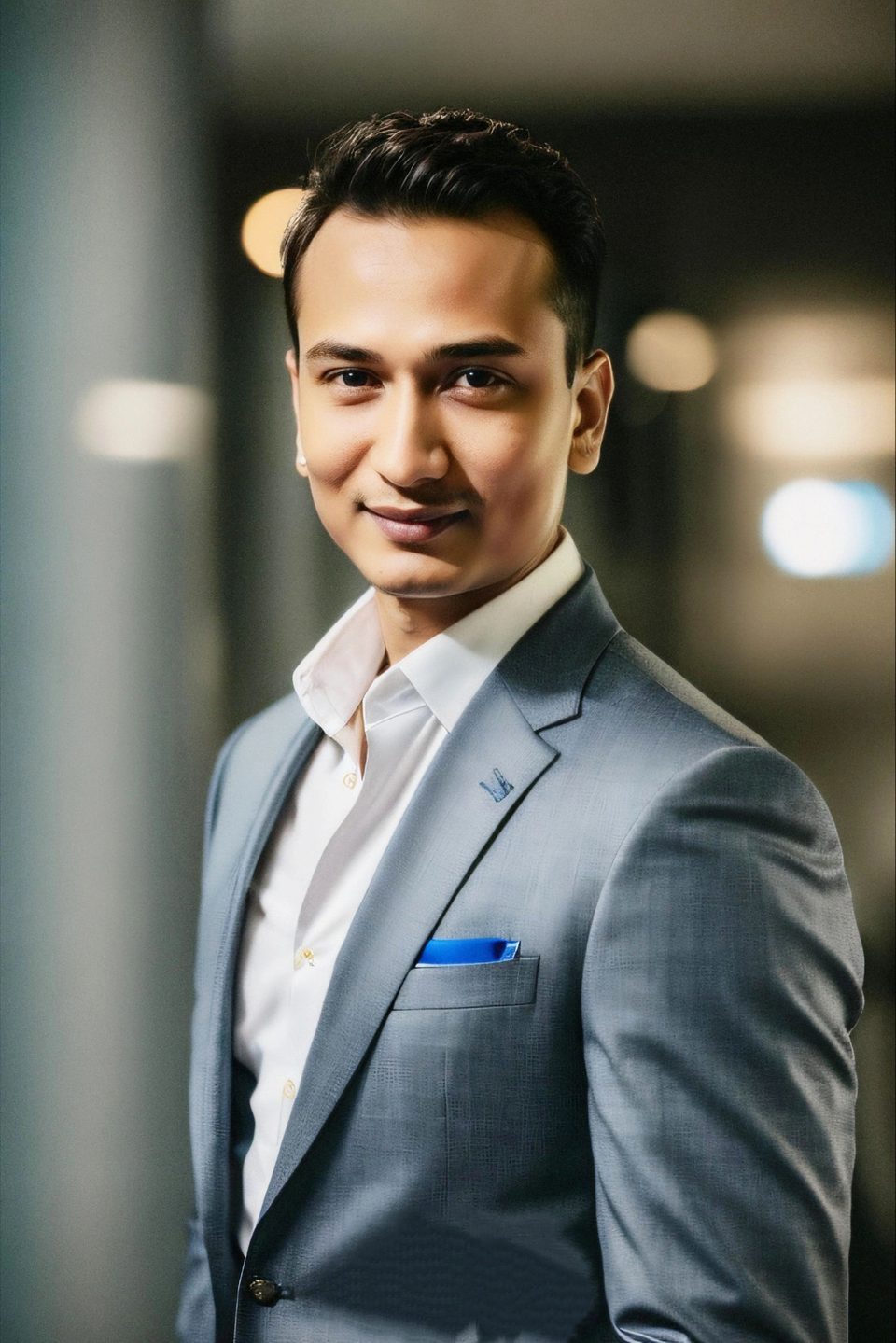 Snehaashish Pathakk in a grey suit and white open-collar shirt with a blue pocket square, smiling.