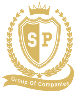 SP Group of Companies crest: a gold shield bearing SP under a crown, inside a laurel wreath, with a Group of Companies ribbon.